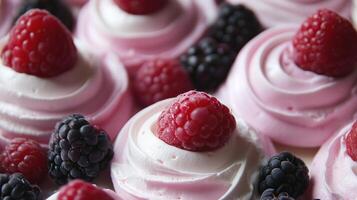 Pink and white meringue swirls with fresh berries photo