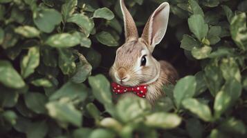 One cute ronebbit weonering one bow tie is hiding in a bushes photo