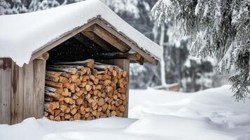 Firewood stack covered in deep snow by wooden structure photo