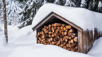 Firewood stack covered in deep snow by wooden structure photo