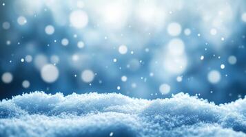 blue bokeh winter banckground with snowflankes photo