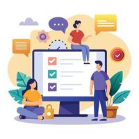 People working on a computer with check boxes and other icons vector