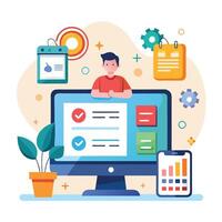 A man is sitting on a computer with a checklist and other items vector