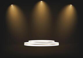 Black background 3d with white and gold podium. 3D abstract studio room with pedestal podium. Space for selling products on the website. Empty room with spotlight effect. illustration. vector