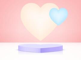 Pink and white studio room background with purple heart shape podium. Valentine platforms mockup product display presentation. Space for selling products on the website. illustration. vector