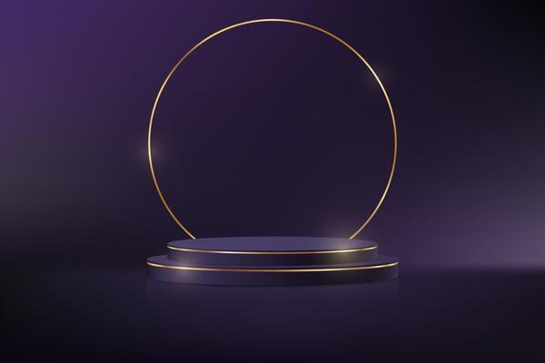 Dark purple background 3d with purple and gold podium. 3D abstract studio room with pedestal podium. Space for selling products on the website. Product display background. illustration.