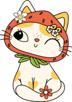 Retro Groovy Strawberry Cat sitting Doodle Character png