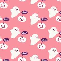 Cute Halloween Ghosts and Jack O Lanterns on Pink Background. A fun Halloween themed pattern featuring cute ghosts, smiling Jack O Lanterns, and Boo text on a soft pink background. vector