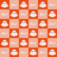Spooky Ghosts and Boo Text on Checkered Orange Background. A Halloween checkered pattern featuring adorable cartoon ghosts and playful Boo text on a vibrant orange and cream grid. vector