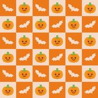 Halloween Checkered Pattern with Pumpkins and Bats. A Halloween checkered pattern featuring smiling Jack O Lanterns and spooky bats arranged on an orange and cream grid. vector