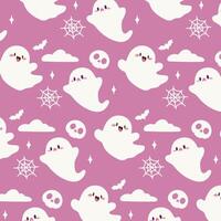 Kawaii Ghosts and Skulls Halloween Pattern. Cute pattern features cute, kawaii style ghosts, skulls, spider webs, and bats on a pink background. vector