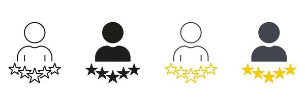 Person with Stars Line and Silhouette Icon Set. Best Feedback for Business Service. Customer Satisfaction Pictogram. Success Review, User Rating Symbol. Editable Stroke. Isolated Illustration vector