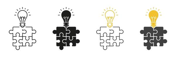 Problem Solving, Business Innovation Icon. Jigsaw with Light Bulb Line and Silhouette Icon Set. Puzzle and Lightbulb, Creative Solution Concept Symbol. Editable Stroke. Isolated Illustration vector