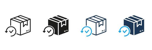 Check and Return Parcel Line and Silhouette Icon Set. Shipping Order Package Symbol. Delivery Box with Arrow and Checkmark Icon. Refund Packaging Sign. Editable Stroke. Isolated Illustration vector