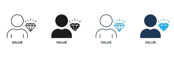Employee Value Line and Silhouette Icon Set. Business Principles Sign. Person is Core Values at Work Pictogram. Editable Stroke. Isolated Illustration vector