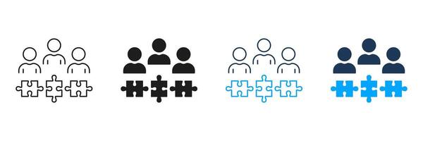 Partnership Success, Team Building, Unity Line and Silhouette Icon Set. Teamwork and Collaboration, Puzzle Together Icon. Business Community Sign. Editable Stroke. Isolated Illustration vector