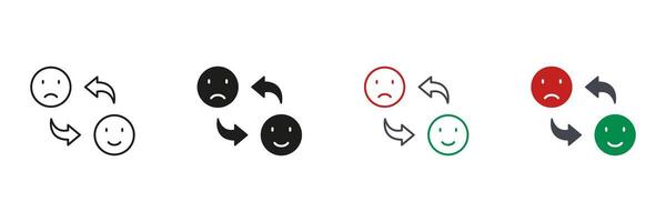 Mood Changes Line and Silhouette Icon Set. Happy Smile Change to Sad Face Pictogram. Bipolar Emoticon Expression Symbol. Positive and Unhappy Emotion. Editable Stroke. Isolated Illustration vector