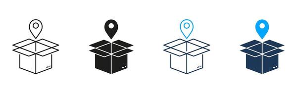 Order Location Line and Silhouette Icon Set. Pointer with Box, Shipping Sign. Pick Up Package Icon. Delivery Service Pictogram. Receive Parcel Place. Editable Stroke. Isolated Illustration vector