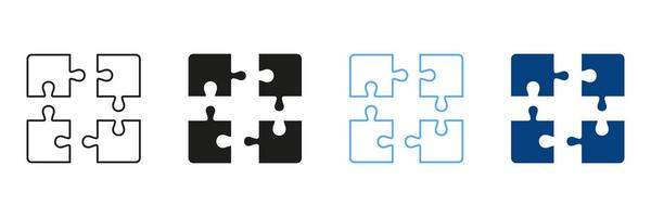 Jigsaw Square Pieces Match Line and Silhouette Icon Set. Puzzle Challenge, Teamwork, Logic Game, Idea Sign. Combination Solution Icon. Editable Stroke. Isolated Illustration vector