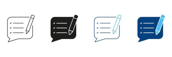 Customer Feedback Line and Silhouette Icon Set. Support Chat, Text Report Sign. Write Content. Speech Bubble With Pencil Pictogram. Editable Stroke. Isolated Illustration vector