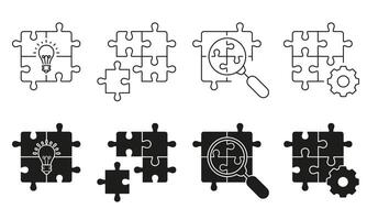 Puzzle icon with Magnifier and Lightbulb. Solution Symbol. Business Development, Jigsaw Parts and Cogwheel Line and Silhouette Icon Set. Editable Stroke. Isolated Illustration vector