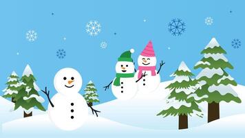 Three of Snowman on Snow Hill with Pine Trees for Winter Background vector