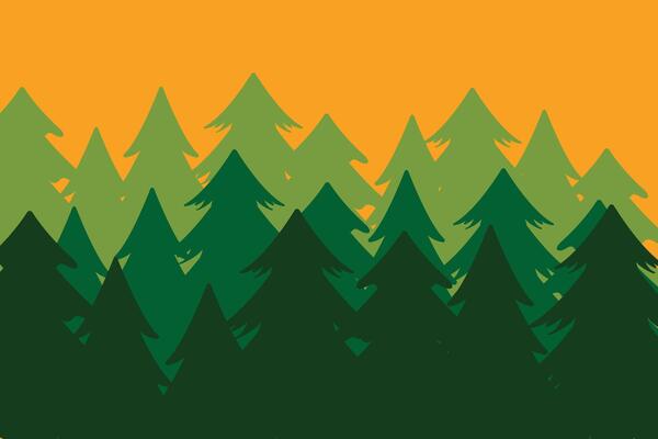 Three Layers of Green Pine Tree Silhouette on Orange Background