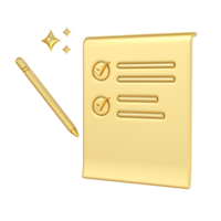 Golden Checklist, Document Icon, 3D rendering of a golden checklist with a pen, symbolizing the accomplishment of tasks and the fulfillment of goals, The sparkle effect adds touch of magic png