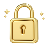Golden Lock of Security, A gleaming, 3D rendering golden lock, radiating sparkles and trustworthiness, representing digital safety and data protection png