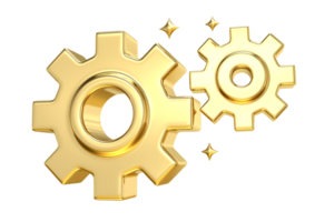 Golden Gears of Innovation, 3D rendering of two interlocking golden gears, symbolizing seamless teamwork, precision, and the pursuit of excellence png