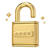 Golden Unlocked Padlock, A gleaming symbol of access and security, this 3D rendering of an unlocked padlock shimmers with potential png