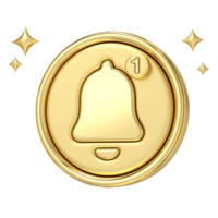 Golden Notification Bell, 3D rendering of golden notification bell with a single notification, gleaming with subtle shine and surrounded by stars, Perfect for social media, apps, and websites png