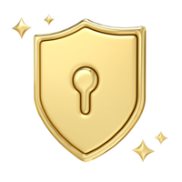 Golden Shield of Protection, A gleaming gold icon symbolizing digital security, data privacy, and online safety, 3d rendering png