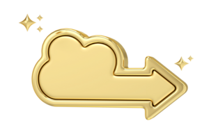 Golden Cloud Arrow, 3D rendering of shiny golden arrow shaped like cloud, pointing right, with sparkling effects, Perfect for app icons, websites, and presentation png