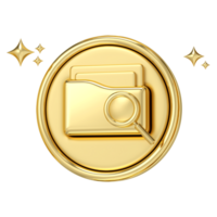 Golden Search Icon, A gleaming golden folder icon with a magnifying glass, symbolizing data exploration, discovery, and the pursuit of knowledge, 3d rendering png