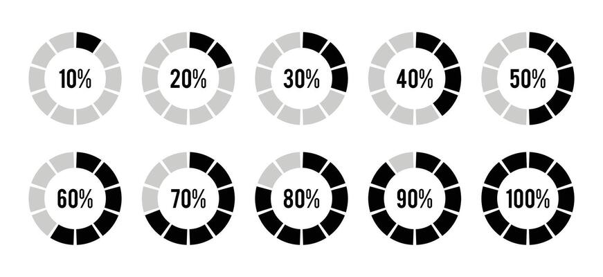 Set of Loading indicator. Progress bar. Percentage circle meters from 0 to 100