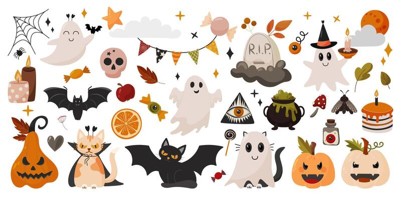 Halloween graphic elements pumpkins, ghosts, moth, skull, bat, leaves, cauldron, cat, candy. Hand drawn set in cartoon style.