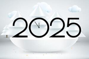 Happy new 2025 year greeting card. Composition with digits, clock and pines with snow. 3d banner vector