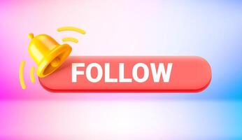 Follow in modern social media platform concept with button and notification bell. 3d style illustration vector