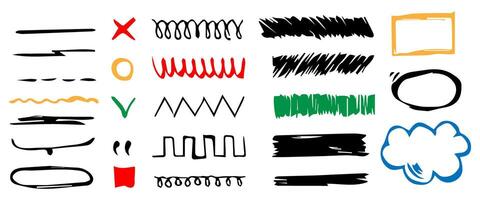 Elements for note-taking, highlighting, and underlining in Hand drawn-style text. vector