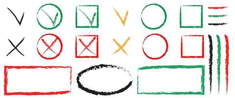 Set of red green check marks doodle icons with brush strokes styles. Grainy, grungy, dusty, rusty, or dirty textured symbol. Yes or no sign. Hand drawn graffiti elements for checkbox vector