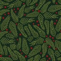Seamless pattern with fir branches and red berries on a dark green background. For wrapping paper, Christmas decorations, cards, backgrounds, textile, fabric prints. Christmas Tree branches. vector