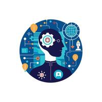 The brain is surrounded by icons and other technology vector