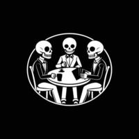 Three skeletons sitting at a table with a card vector