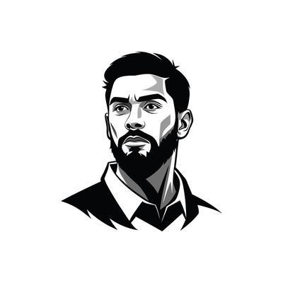 A black and white illustration of a man with a beard