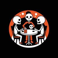 Three skeletons sitting at a table with a skull in the middle vector