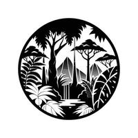 A black and white image of a forest with trees and water vector