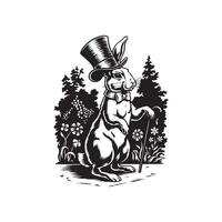 A black and white drawing of a rabbit in a top hat vector