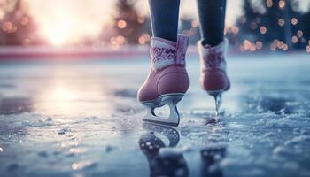 A pair of legs are ice skating on a frozen lake and reflection surface photo