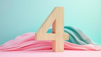 Shape number 4 made from pieces wooden textured in pastel background photo